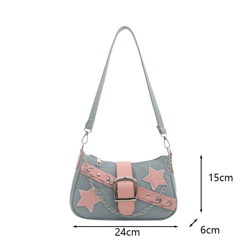 Fashion Women's Handbags Denim Stars Pattern Cool Girls Underarm Bag Female Small Shoulder Hobo Bags Chain Tote Bag