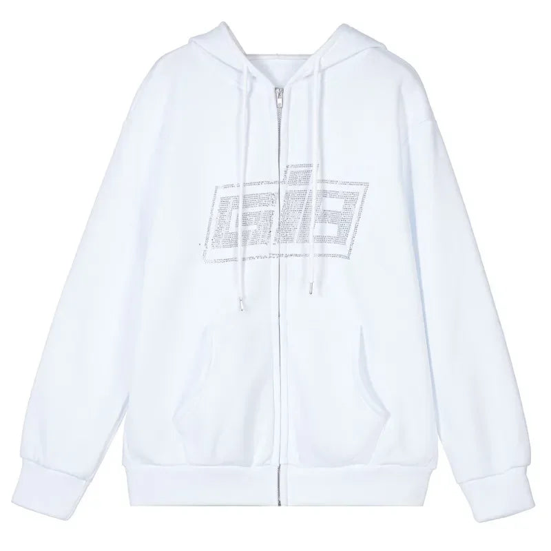 Y2K Zip Rhinestone Women Hoodie 2025 Oversized Hoodies E-girl Goth Punk Jacket Long Sleeve White Sweatshirts Trend Streetwear