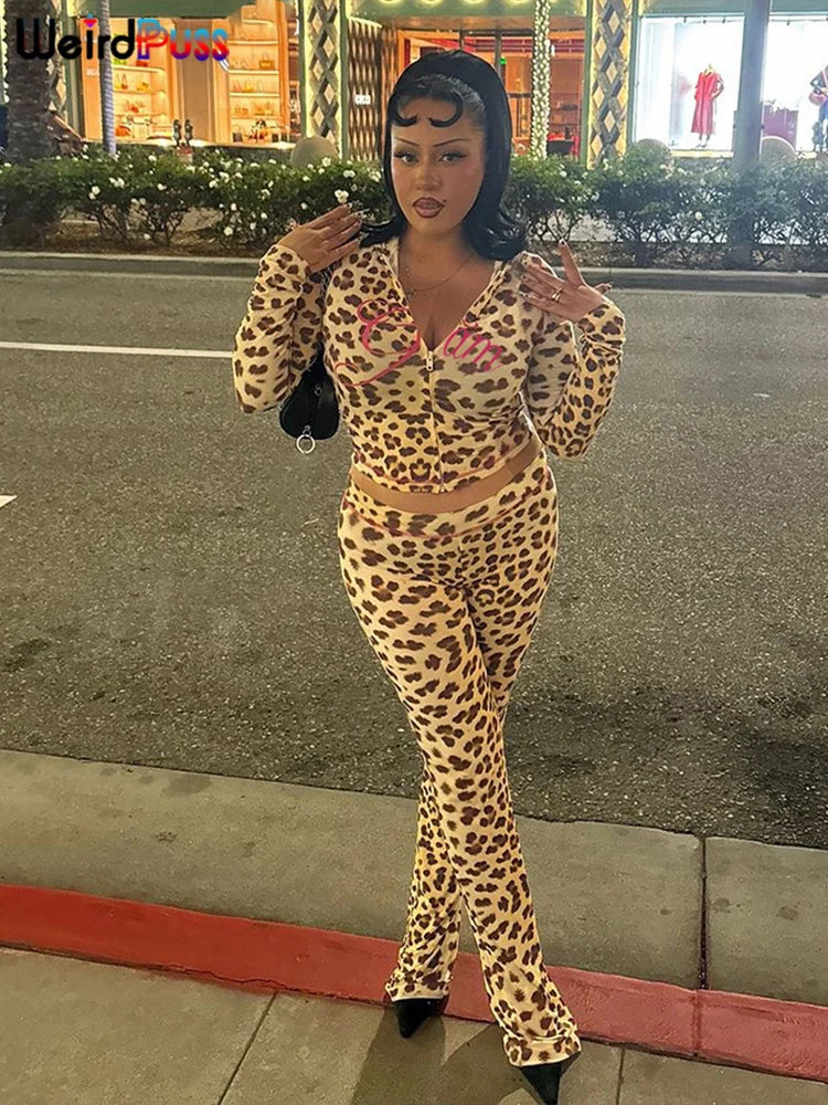 Weird Puss Leopard Letter Print 2 Piece Set Women Tracksuit Sporty Casual Hooded Crop Jacket+Flare Pants Stretch Matching Suits