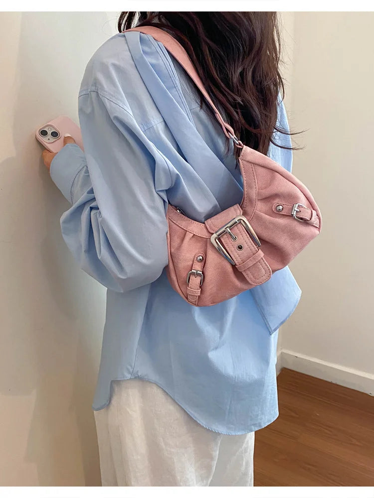 Vintage Tie-Dye Denim Underarm Bag Y2K Metal Buckle Pleated Commuting Versatile Handbag Crescent Small Shoulder Bag