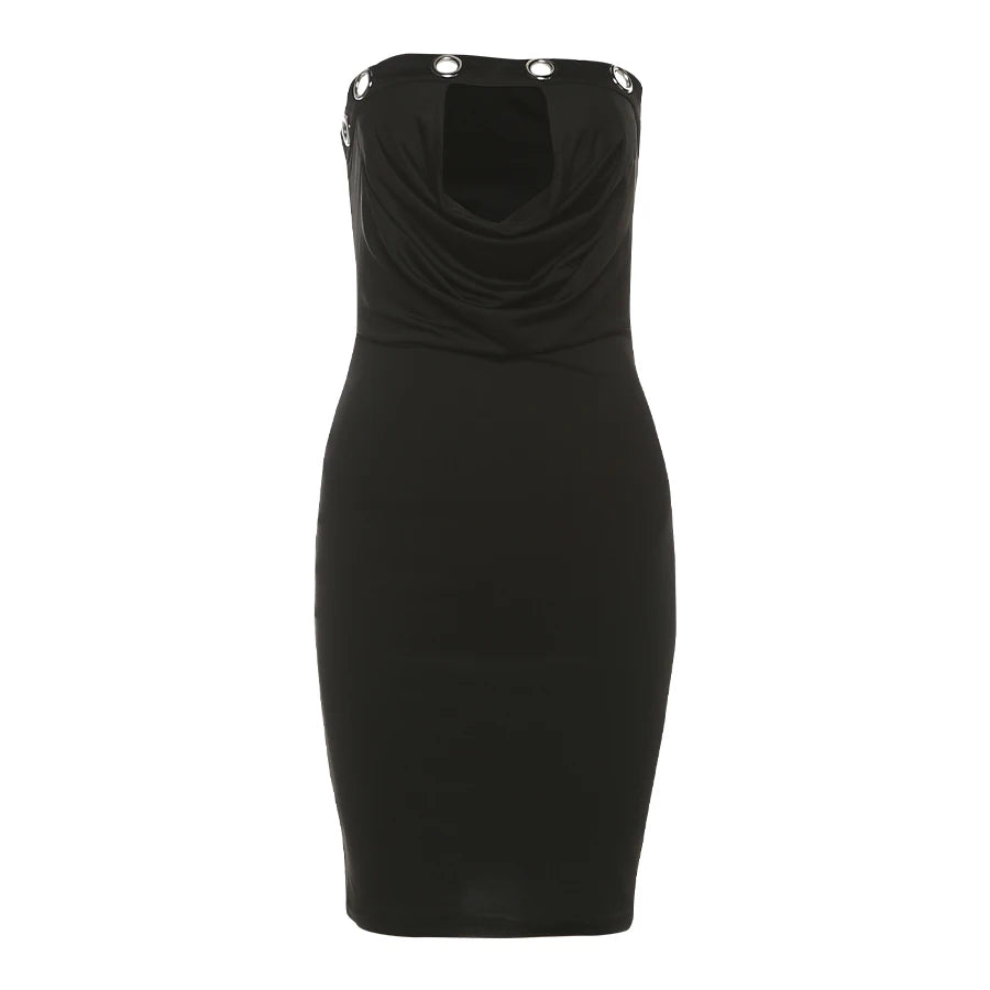 Weird Puss Metal Hollow Dress Women Sexy Y2K Ruched Swing Collar Skinny Midnight Coquette Party Summer Trend Streetwear Bodycon