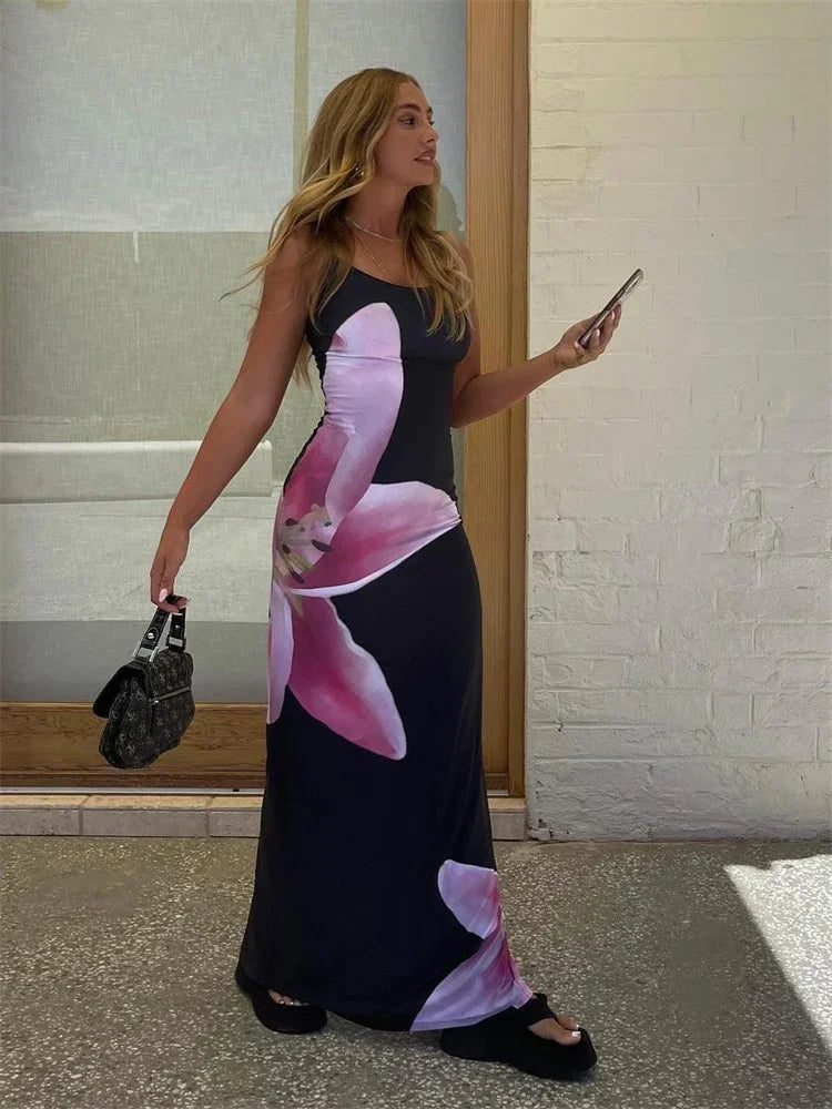 Elegant Printed Backless Long Dress Summer Women's Fashion Contrast Color Party Dress Patchwork Suspender Long Dress 2024 New