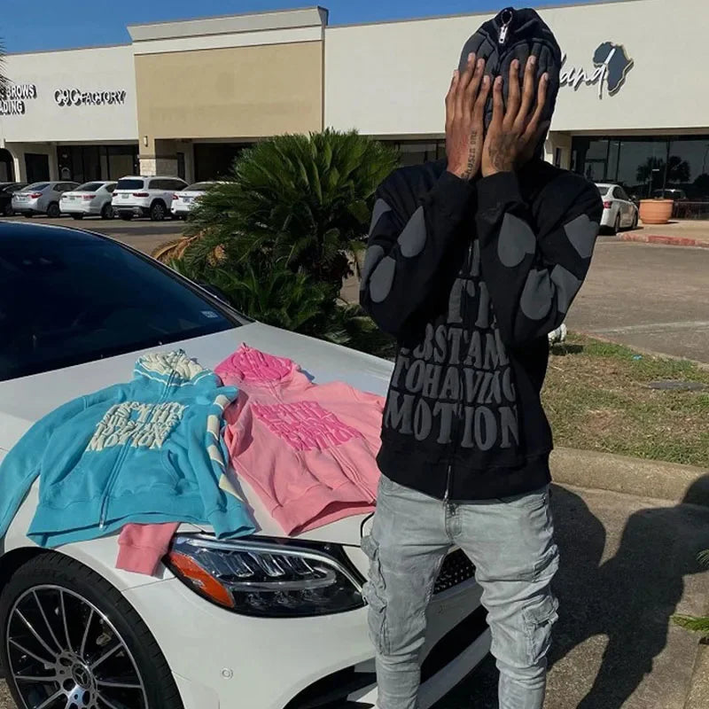 Y2K  Clothes  Foam Printed High Street Hip-Hop Loose Zipper Hoodie Men Gothic Harajuku Casual Street Oversized Sweatshirt Unisex