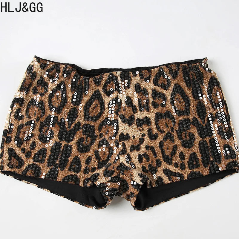 HLJ&GG Fashion Y2K Sequin Leopard Shorts Two Piece Sets Women Round Neck Short Sleeve Slim Crop Top And Shorts Outfit Streetwear
