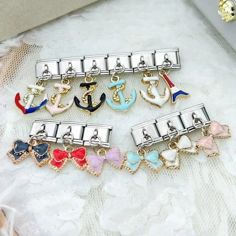 2025 NEW Popular Bow Anchor Pendant Elastic Charm Italian Links Fit 9mm Modular Bracelet Making DIY Jewelry Bulk