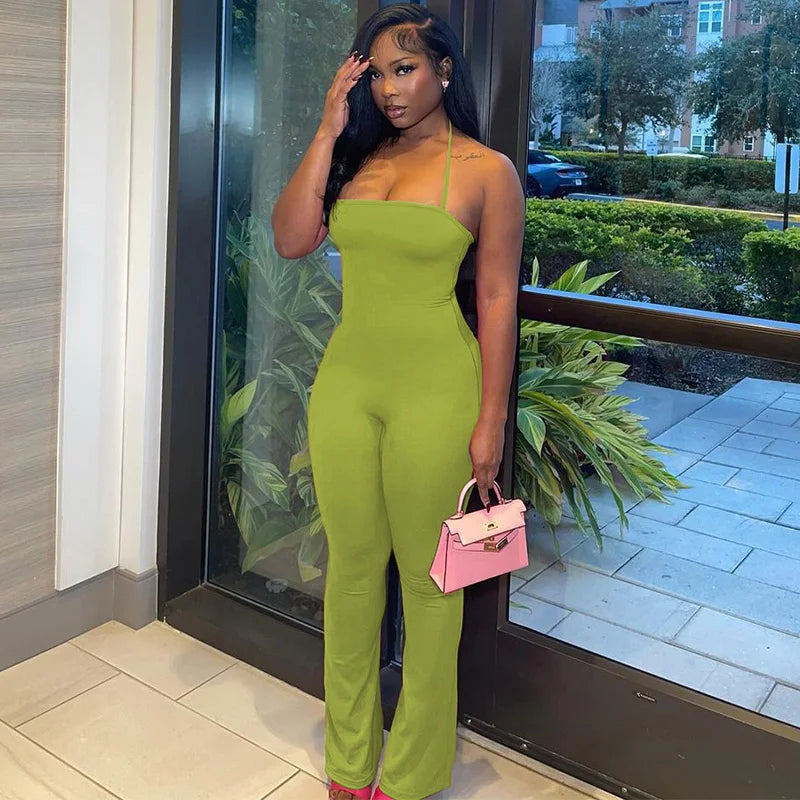 Hugcitar 2025 Spring Halter Solid Sleeveless Backless Sexy Bodycon Flare Pants Jumpsuit Women Casual Rompers Streetwear Festival