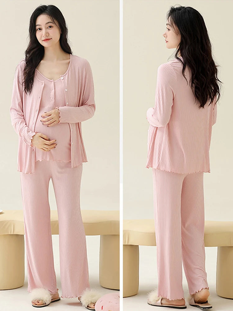Pregnancy Comfort Pajamas Set Solid Color Long-sleeved Pants and Halter Vest Three-piece Maternity Nursing Homewear Sleepwear