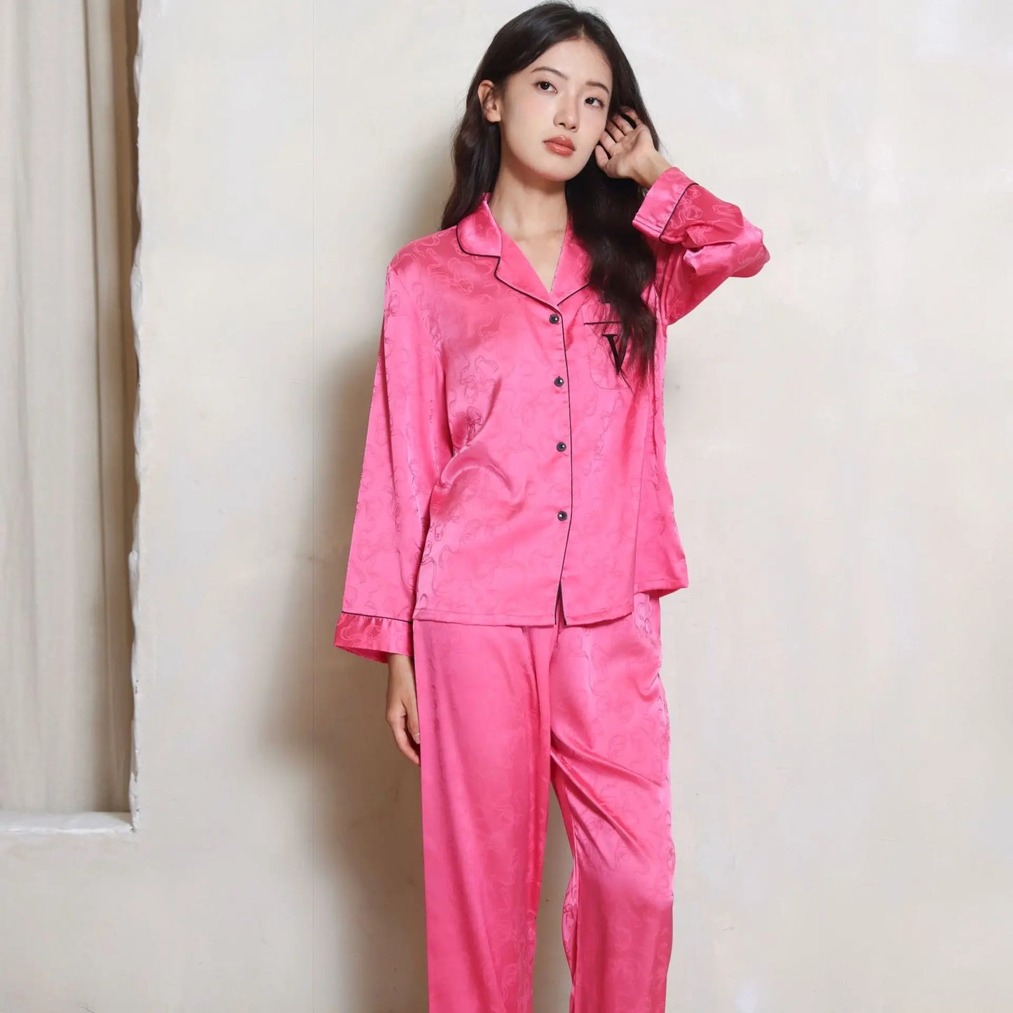 Hot Pink Bow Print Top&pant Loose Homewear Lady Casual 2Pcs Outfit Pijama Mujer Ice Silk Sleepwear Spring Autumn New Pyjamas