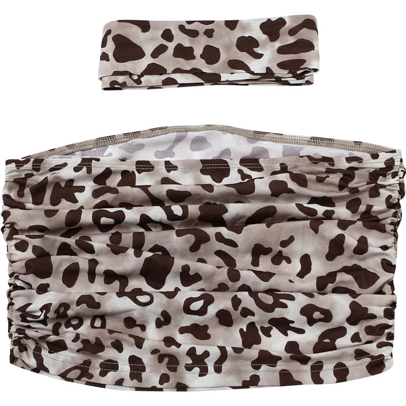 Weird Puss Leopard Print Crop Tops Woman Summer Strapless Ruffles Scarf Collar Trend Sexy Party Wild Chic Clubwear Skinny Vest