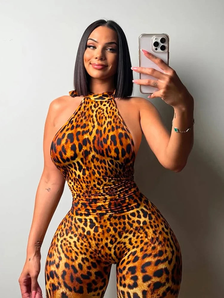 Weird Puss Backless Romper Women Halter Bandage Leopard Print Fit Tight Stretch Summer Sexy Hipster Activity Workout Playsuits