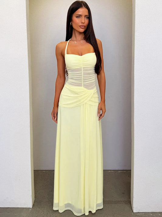 Mozision Halterneck Mesh Backless Sexy Maxi Dress Women Elegant Off-shoulder Sleeveless Bodycon Ruched Club Party Long Dress