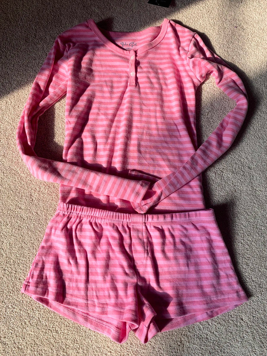 Pink Striped Long Sleeve T-shirt Shorts Set Woman Buttons Slim Tees+Elastic Straight Short Pant Cotton Home Pajama 2 Piece Sets
