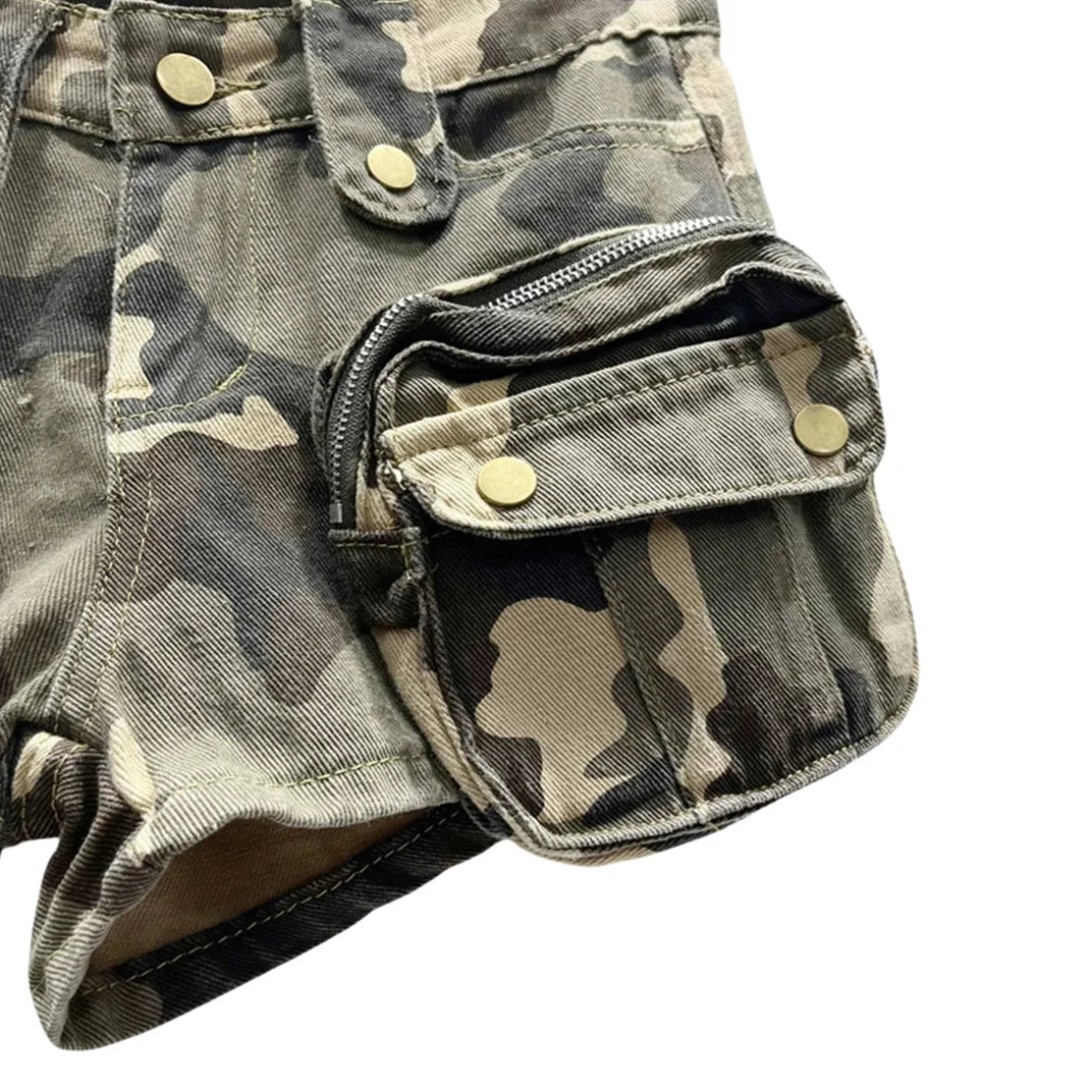 HLJ&GG Y2K Fashion Graphic Tshirts Two Piece Sets Women O Neck Short Sleeve Loose Top And Camouflage Pocket jeans Shorts Outfits