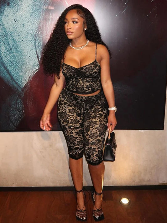 Weird Puss Mesh Patchwork 2 Piece Set Women Sexy Jacquard Backless Camisole+Stretch Skinny Peach Hip Pants Club Party Outfits