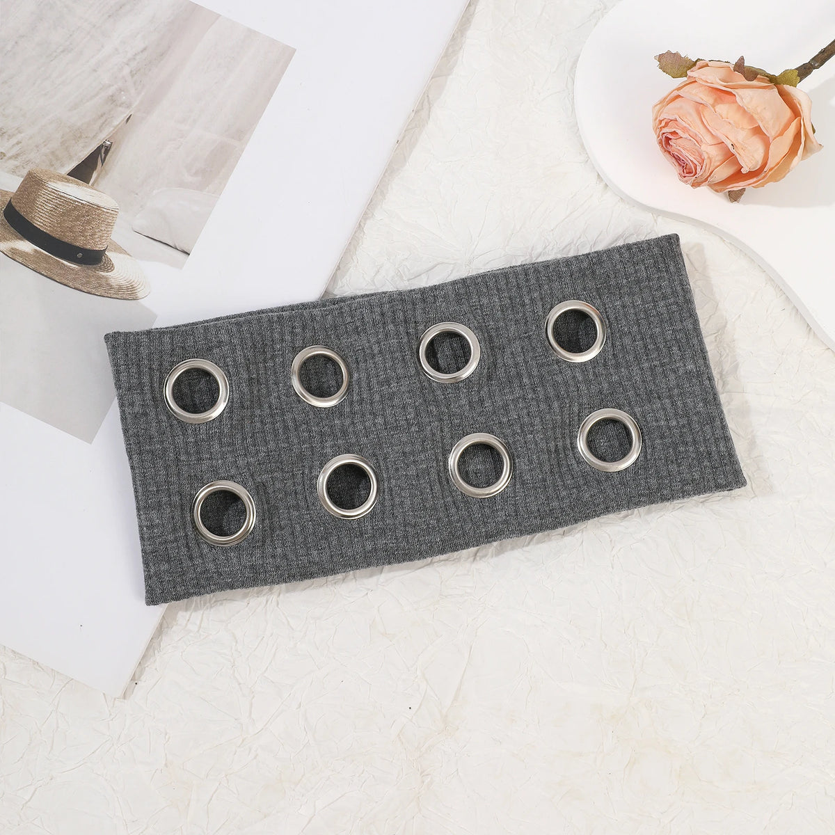 AWAYTR Punk Girl Fabric Hollow Elastic Headbands Metal Rock Personalized Hollow Eyelets Hair Band Casual Sports Grommet Headband
