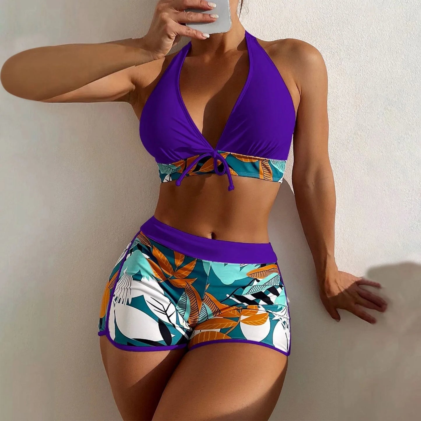 Shorts Bikinis Set  High Waist Swimsuit Women Swimwear  Plant Print Bathers Bathing Swim Suit Beachwear