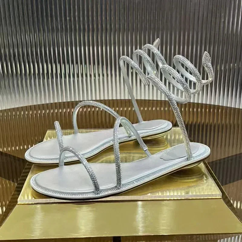 2025 Fashion Women Summer Gladiator Sandals Flat Heels Twine Around Ankle Strap Gladiator Sandal Wedding Beach Slides Rhinestone