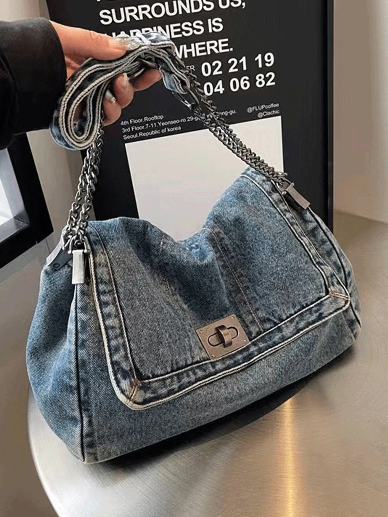 Jeans Tote Bag with Metal Buckle and Chain Strap Deep Blue Light Blue Black Vintage Stitching Design for Women Non-Adjustable Sl