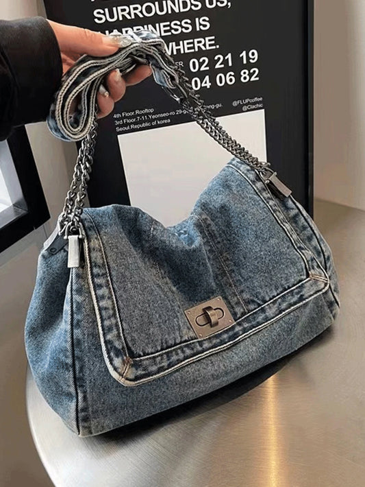Jeans Tote Bag with Metal Buckle and Chain Strap Deep Blue Light Blue Black Vintage Stitching Design for Women Non-Adjustable Sl