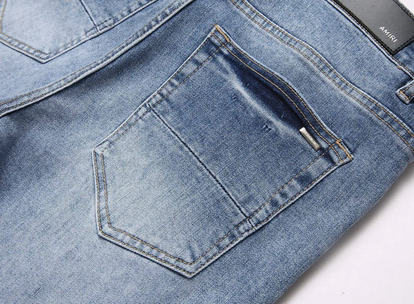 Current AM Brand Embroidered Distressed Patch High Street Youth Men's Slim Fit Skinny Pants