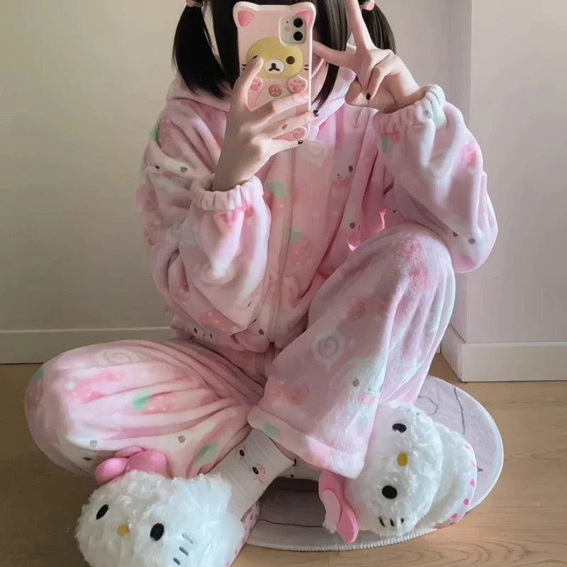 Japanese New Winter Sweet Cute Cartoon Rabbit Flannel Pajamas Set Daughter Girls Pink Thickened Loungewear Women's Sleepwear