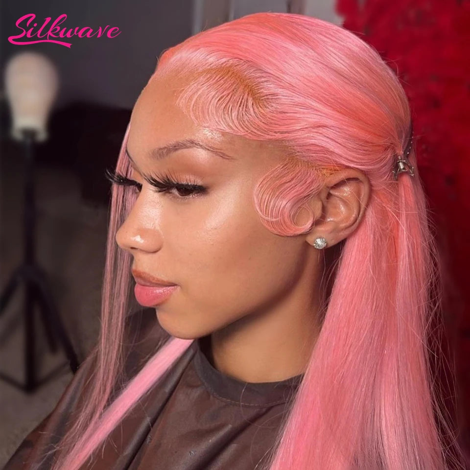Silkwave 13x6 Hd Pink Lace Frontal Wig Human Hair Preplucked Brazilan Bone Straight 13x4 Lace Front Pink Colored Wig For Women