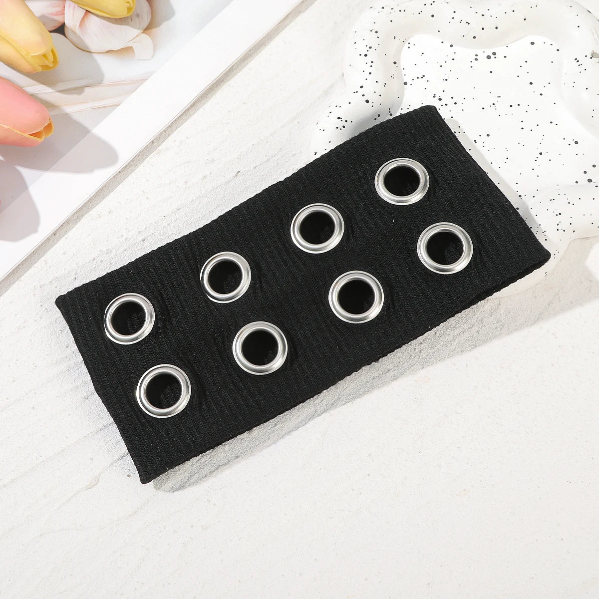 AWAYTR Punk Girl Fabric Hollow Elastic Headbands Metal Rock Personalized Hollow Eyelets Hair Band Casual Sports Grommet Headband