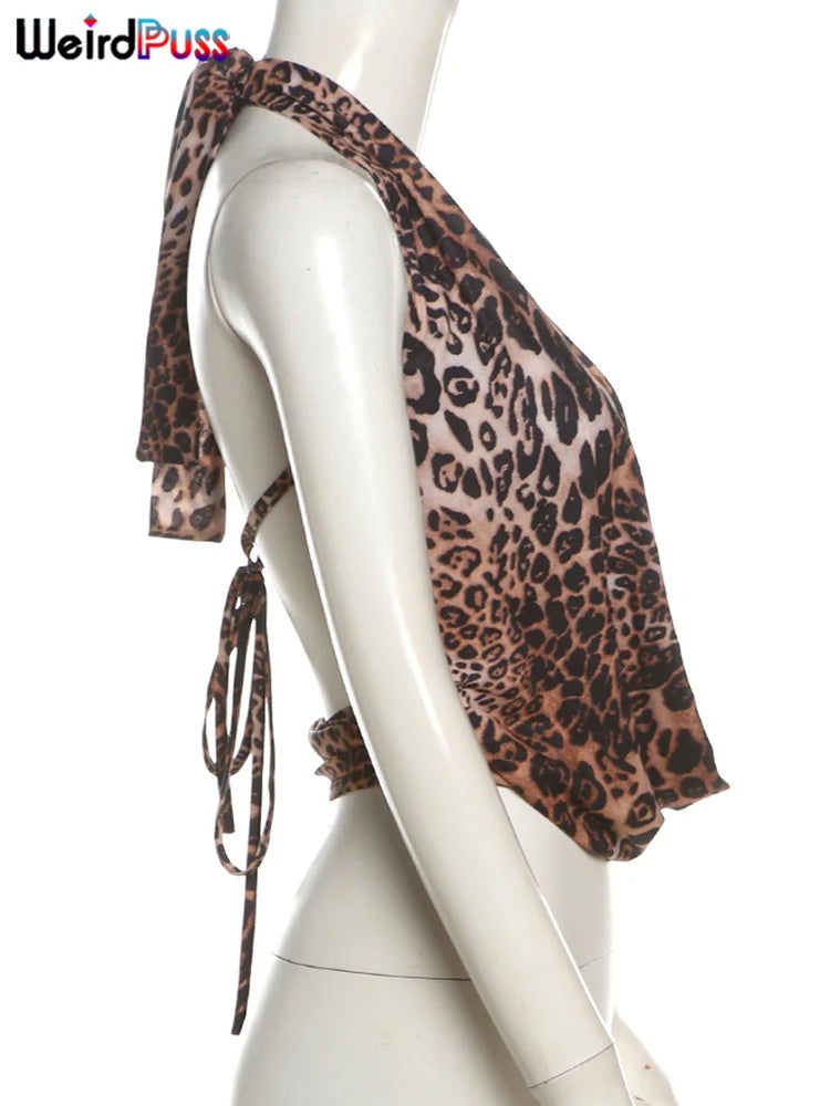 Weird Puss Halter Backless Tank Tops Women Sexy Hipster Swing Collar Leopard Print Summer Trend Hot Chick Wild Streetwear Vest