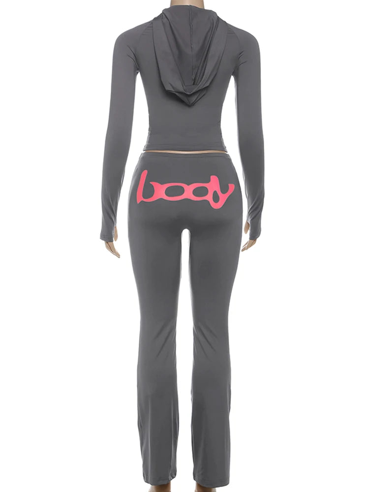 Weird Puss Letter Print 2 Piece Set Women Tracksuit Hooded Jacket+Leggings Matching Stretch Streetwear Casual Sporty Outfits