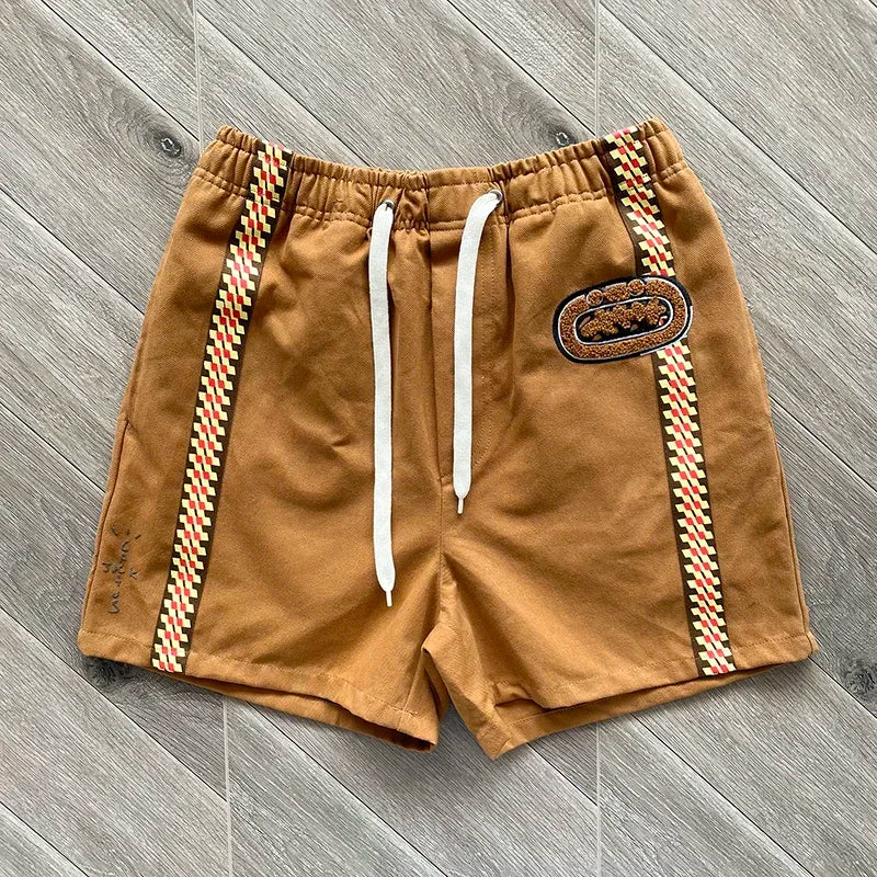 Cactus Jack Shorts Fashion Casual  Loose Color Blocking Patch Black Drawstring Elastic Waist Shorts Men Women Streetwear Pants