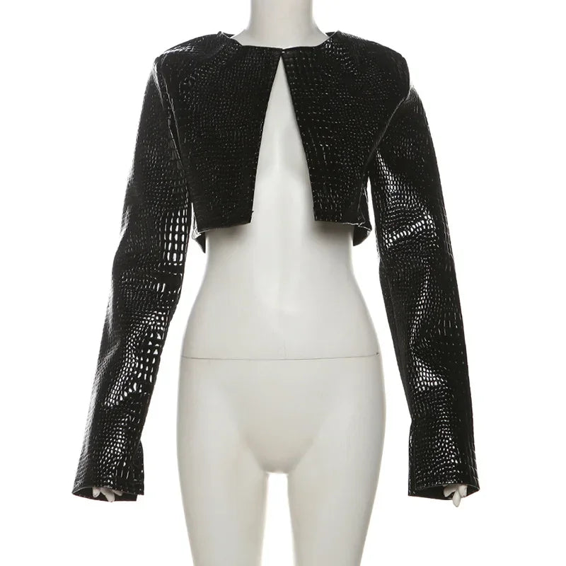 HLJ&GG Fashion Y2K Leather Snake Jacket Coat Three Piece Sets Women Lapel Long Sleeve Crop Top+Shorts Outfits Trend Streetwear