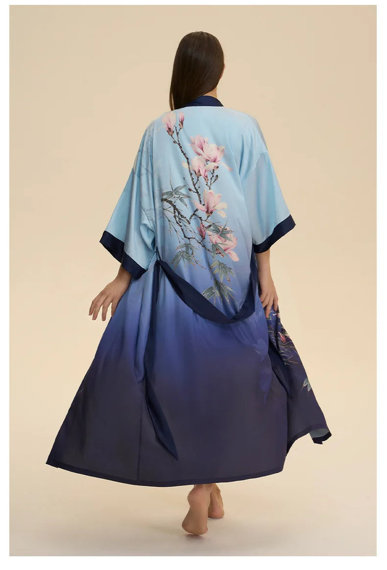 Plus Size Print Flower Long Robe Kimono Gown New Female Sleepwear Bathrobe Home Dress Loose Silky Satin Night Clothes Loungewear