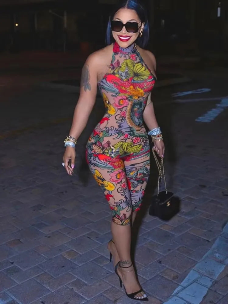 Weird Puss Backless Romper Women Halter Bandage Leopard Print Fit Tight Stretch Summer Sexy Hipster Activity Workout Playsuits