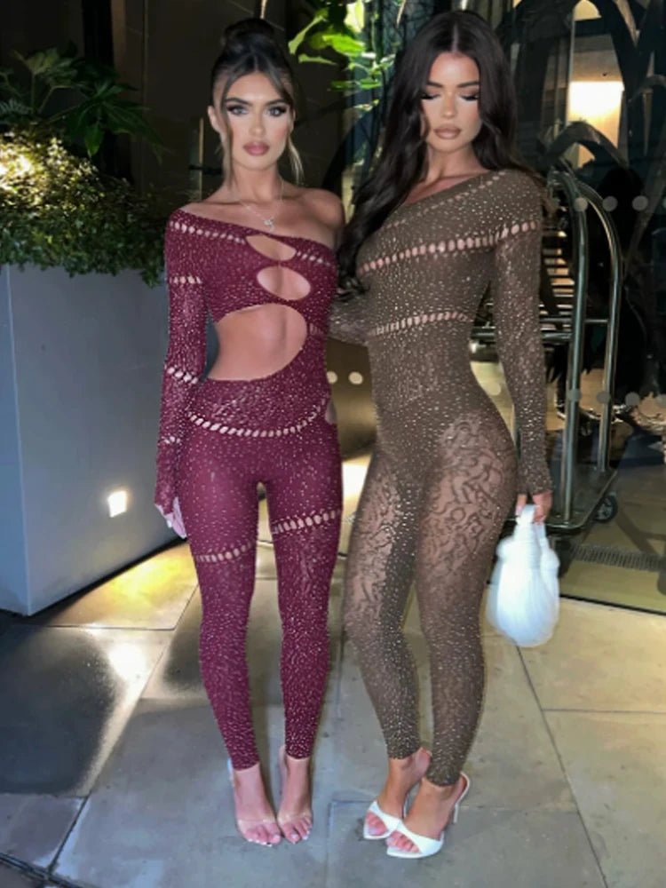 Weird Puss Shine Rhinestones Jumpsuits Women Irregular Hollow Skew Collar Single Sleeve Hottie Sexy Coquettish Clubwear Overalls