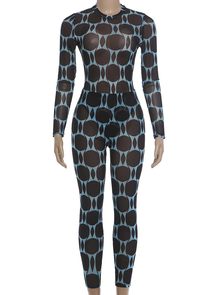 Kliou Mesh Patchwork 2 Piece Set Woman o-Neck Full Sleeve Bodysuits+Skinny Peach Hip Long Pants Midnight Club Party Sexy Suits