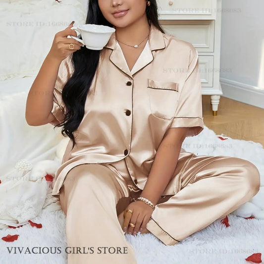 Plus Size 3XL 4XL 5XL Women's Sleepwear Pajamas Set Spring Summer Short Sleeve Trouser Suits Loungewear Loose Satin Homewear