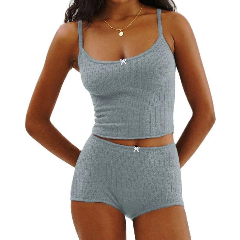 Women Casual Lounge Suit Vintage Cottage Eyelet 2 Piece Set Outfits Spaghetti Strap Camisole + Micro Shorts Y2K Kawaii Crop Tops