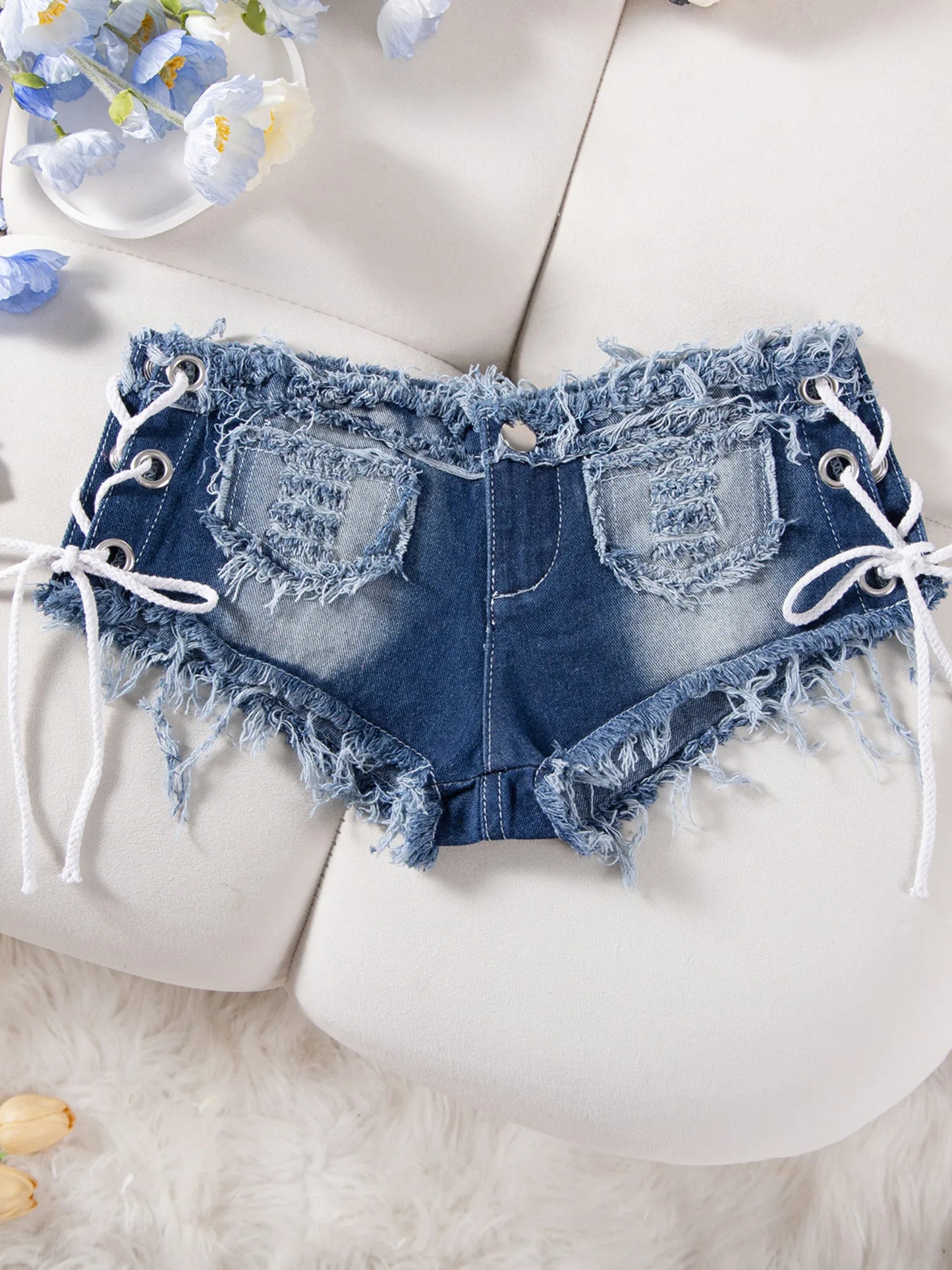 Women Low Rise Denim Shorts Side Lace Up Ripped Frayed Hem Y2K Summer Hot Pants Sexy Streetwear 2026
