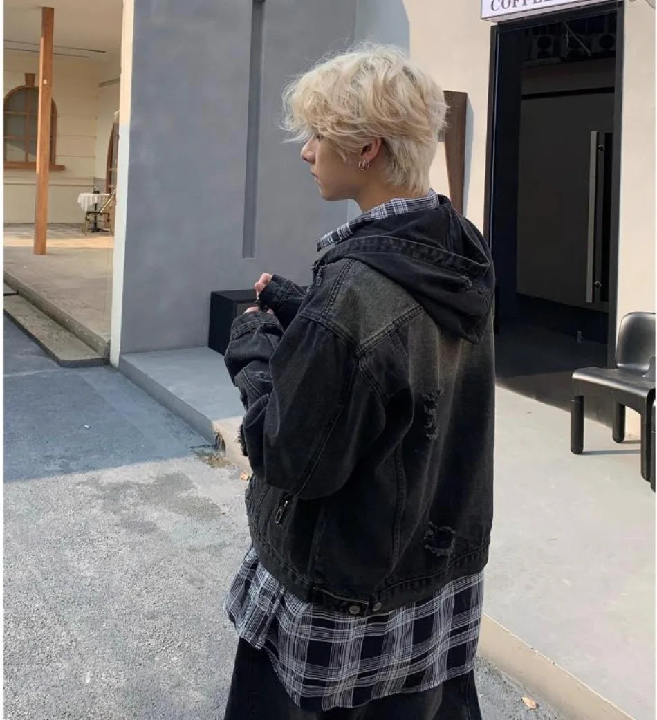 New Hooded Mens Denim Jacket 2024 American Retro High Street Loose Couple Tops Hip Hop Streetwear Trendy Washed Cowboy Coats