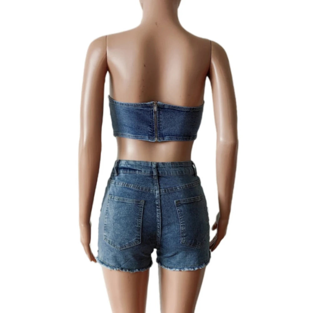 HLJ&GG Blue Fashion jeans Pocket Cargo Shorts Two Piece Sets Women Zipper Long Sleeve Crop Top And Shorts Outfits Cowboy Suits