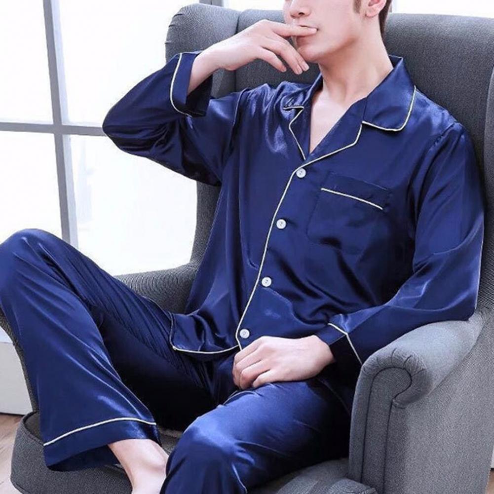 1 Set Men Sleepwear Solid Color Long Sleeved Single Breasted Home Wear Ice Silk Loose Plus Size Pajamas Set For Home