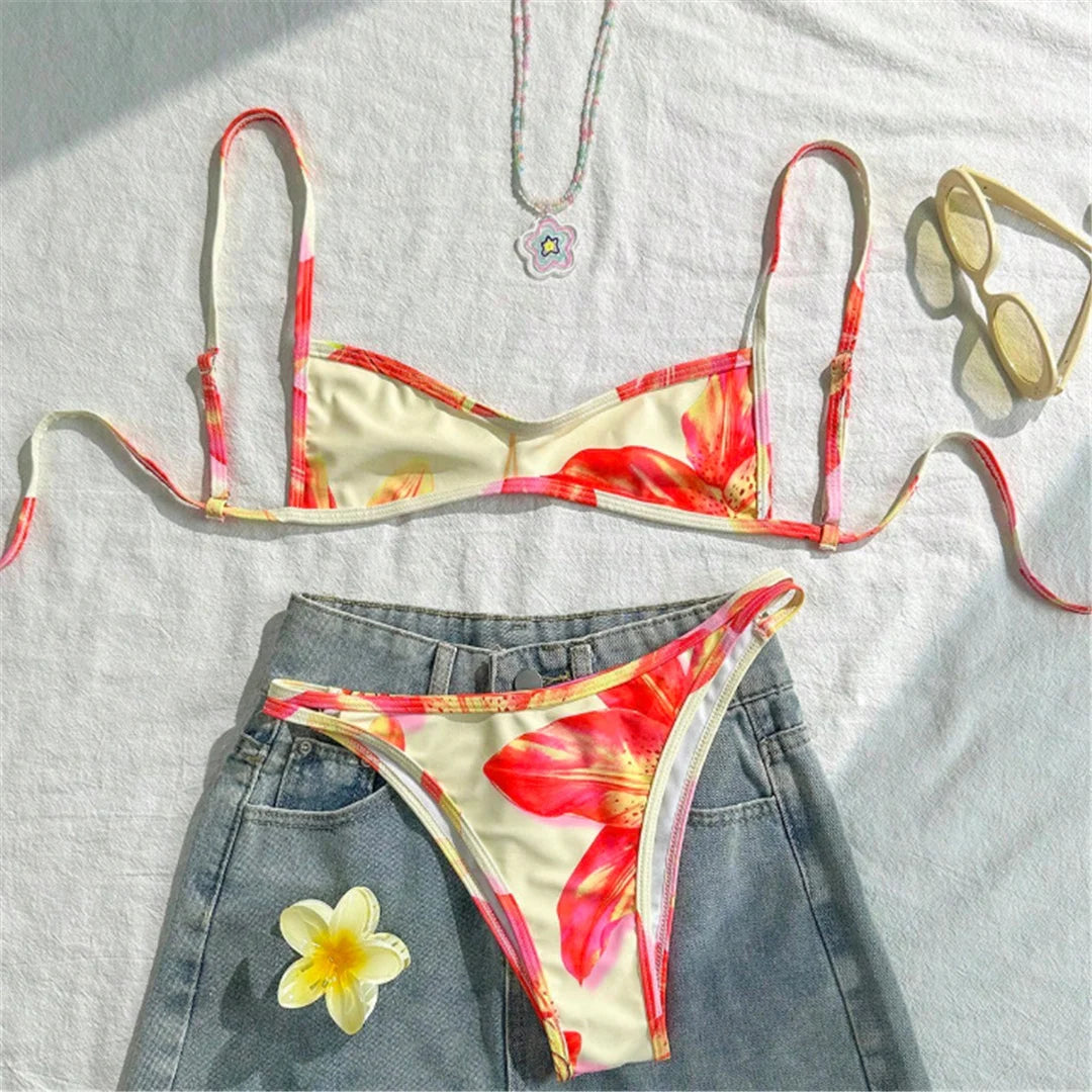 S - XL Flower Printed Bikini Female Swimsuit Women Swimwear Two-pieces Bikini set High Leg Cut Bather Bathing Suit Swim V7800