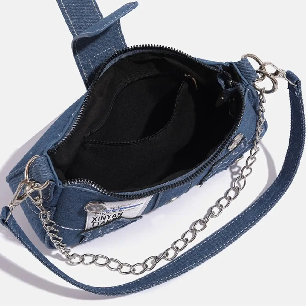 Y2K Canvas Chain Shoulder Bag jeans Stars Pattern Underarm Bag Women's Handbag for Woman Girls