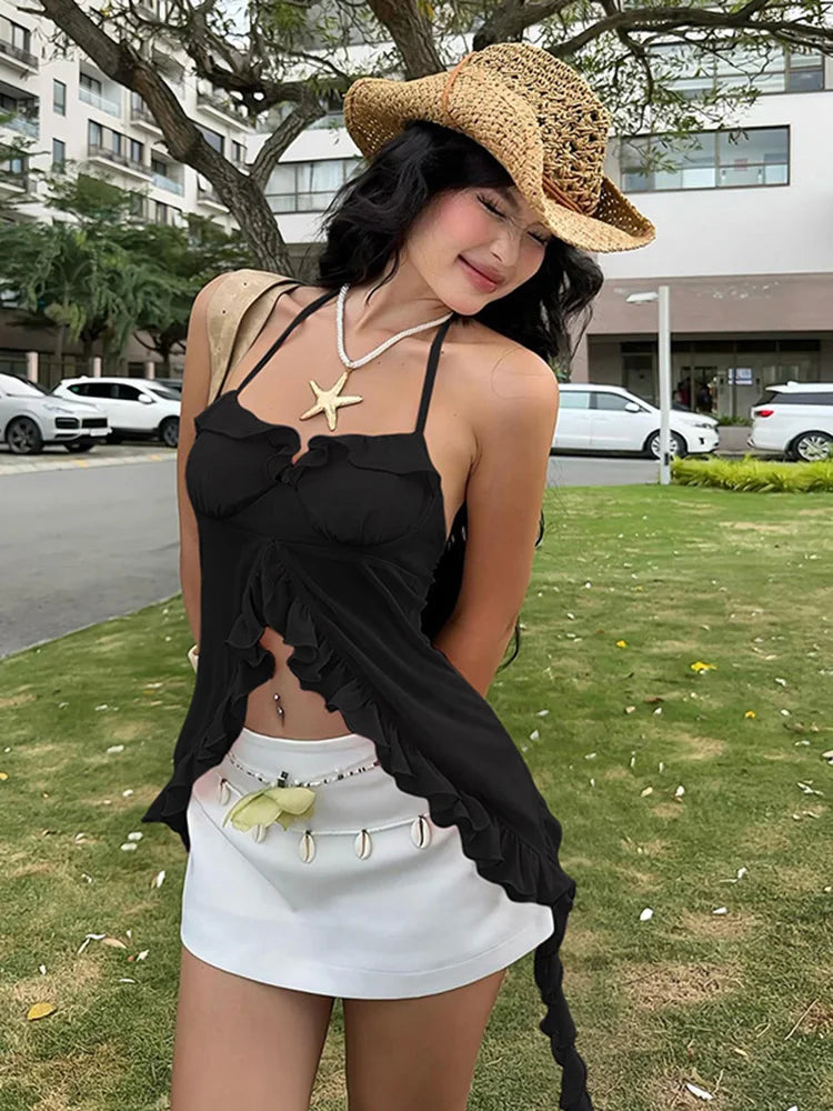 Weird Puss Patchwork Mesh Y2K Sexy Camisole Women Halter Bandage Low-Neck Tassel Ruffles 3d Flowers Midnight Club Sexy Tank Tops