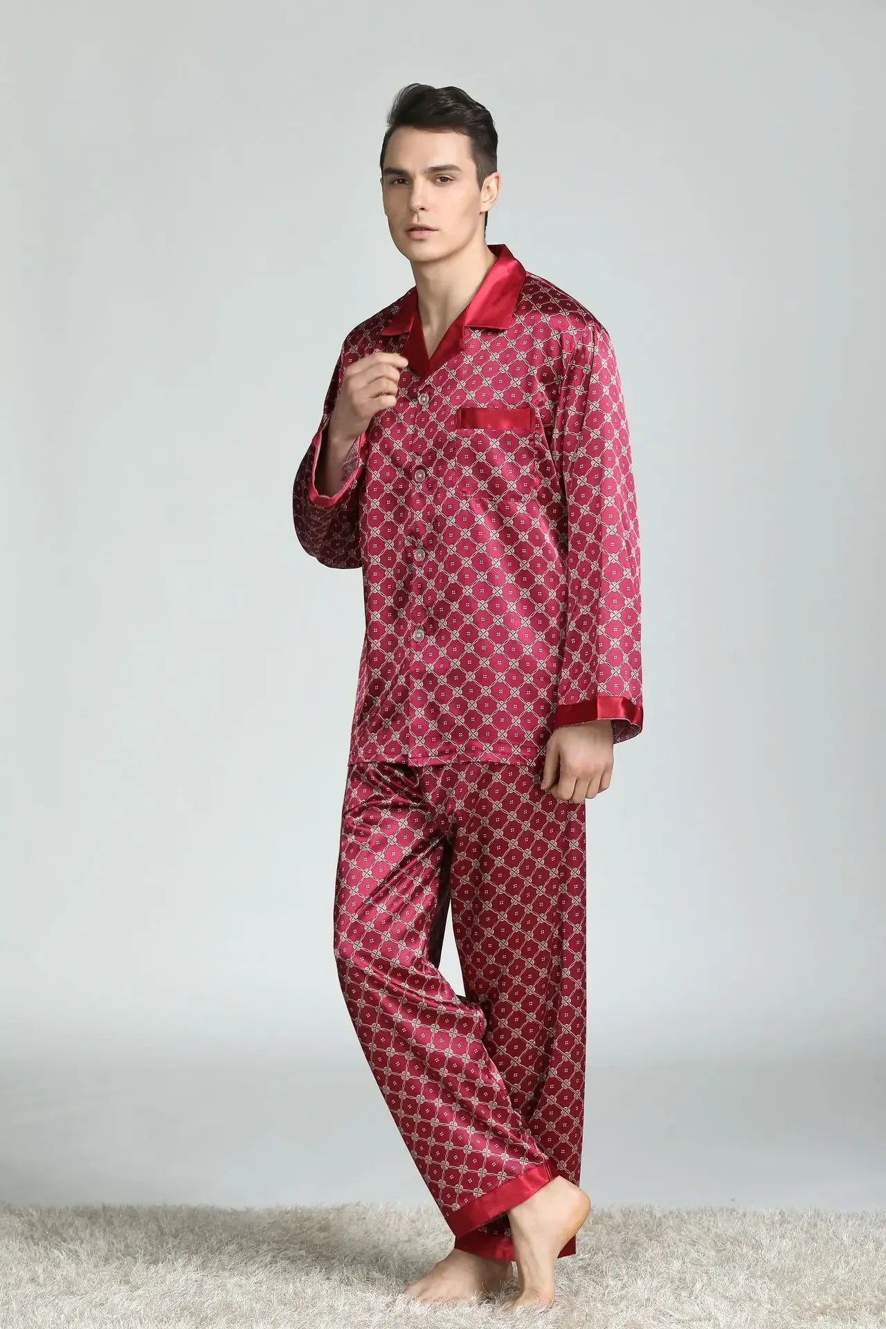 Silk Satin Pajamas for Men Sleepwear Cozy Soft Print Long Sleeve Nightgown Tops + Trousers Two Pieces Mens Pajama Set