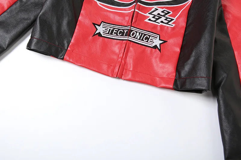 HLJ&GG Trendy Women's Outfits Women Leather Punk Letter Embroidery Crop Jacket And Button Shorts Two Piece Sets Y2K Streetwear