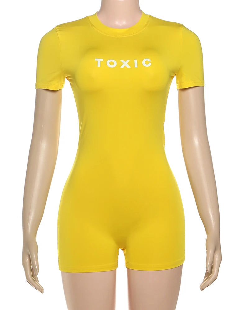 Weird Puss Letter Print Fashion Romper Women Body-Shaping  o-Neck Mini Sleeve Tight Peach Hip Casual Simple Workout Playsuits