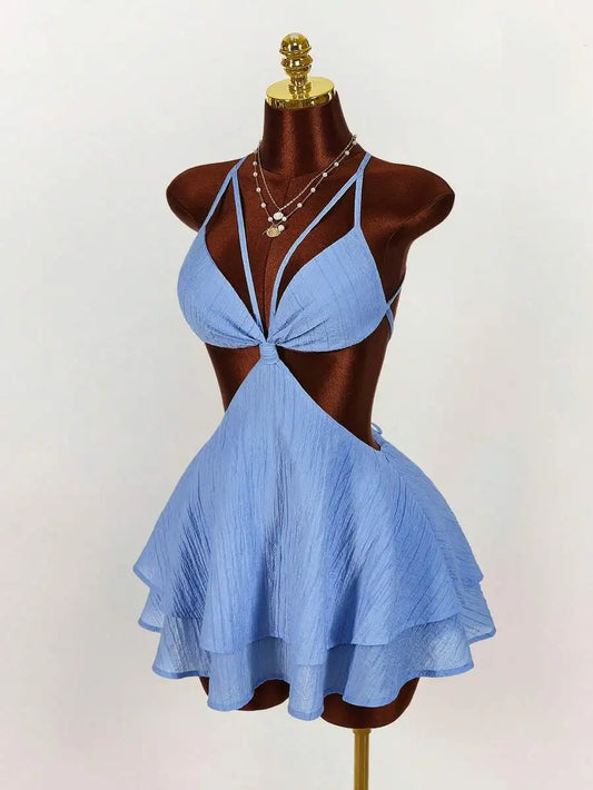Women Solid Color Cropped Waist Mini Dress With Ruffle Skirt Casual Party Wear