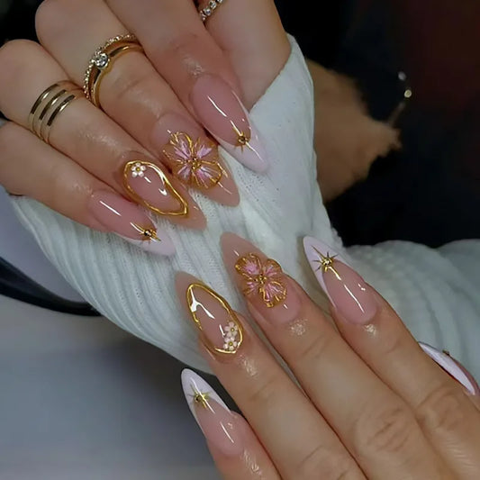 24pcs French False Nails 3D Flower Decor Korean Nude Color Fake Nails Tips Women Wearable Detchable Ins Simple Press on Nails
