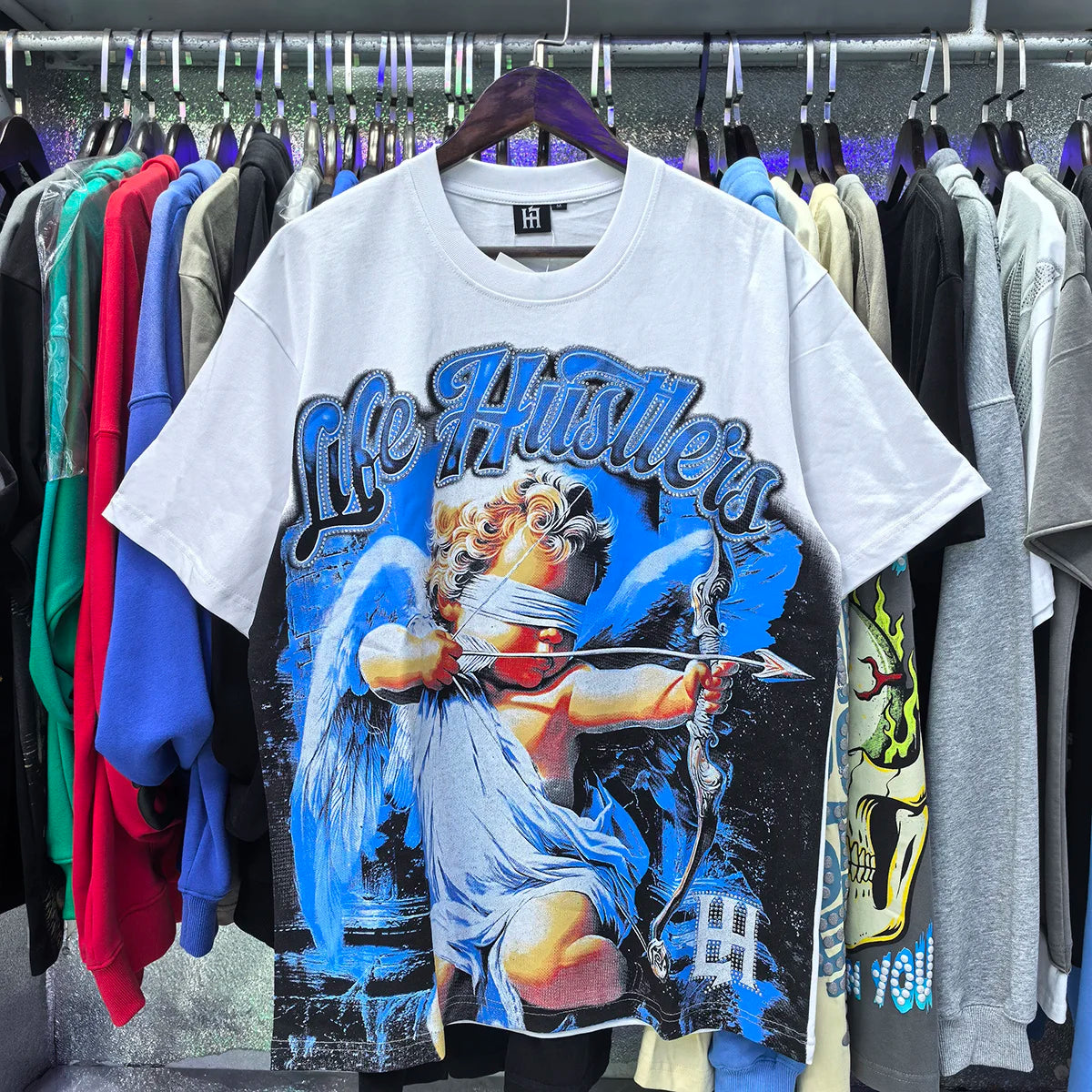 Praying Angel Shinning Diamond Cotton Short Sleeve Tshirts for Men and Women Crew Neck Loose Summer T-shirt Oversized Tees